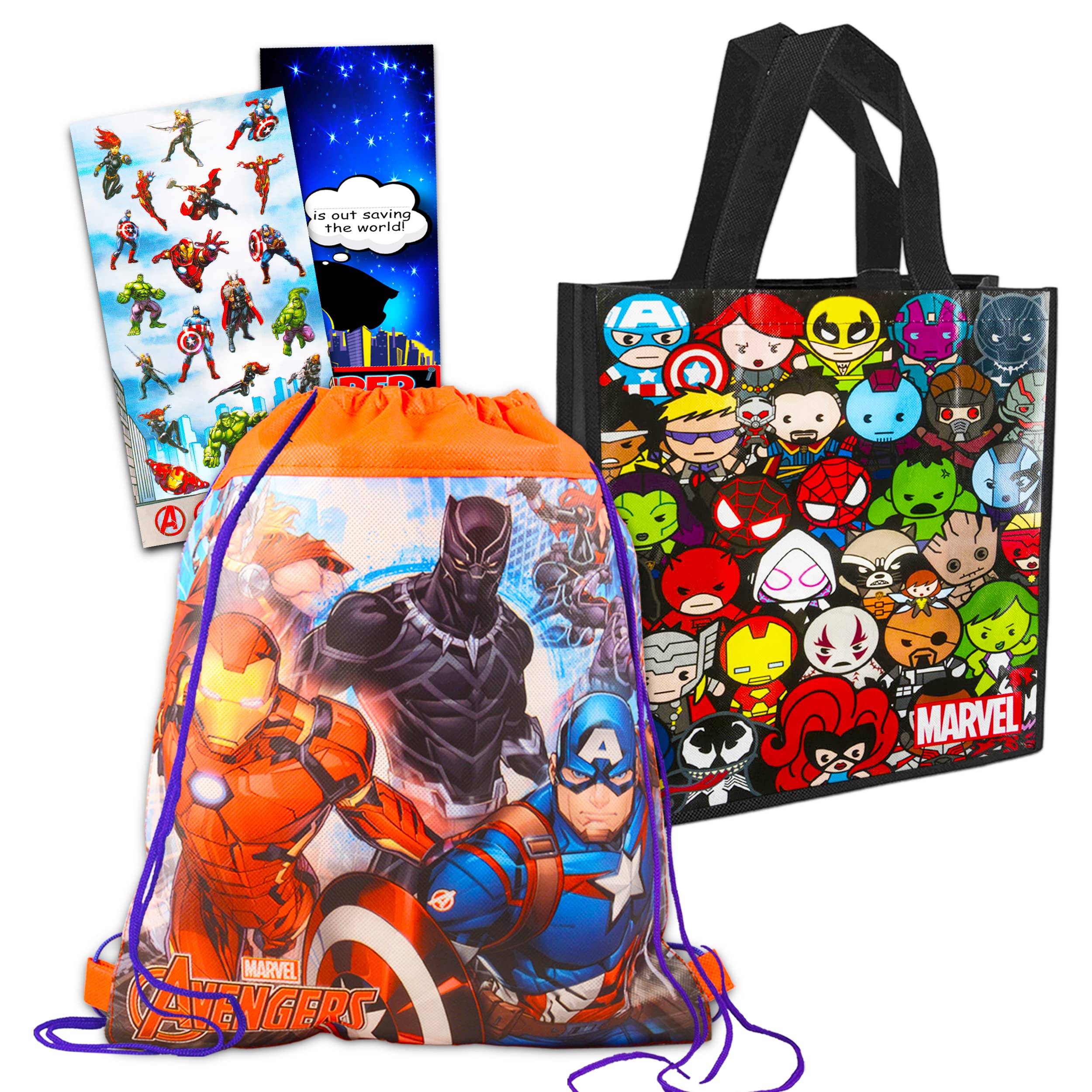 Marvel Shop Marvel Avengers Drawstring Bags Set Superhero Bag Bundle - 2 Pack Avengers Travel Bags Featuring Iron Man,Black Panther,Captain America,and More with Avengers Bookmark