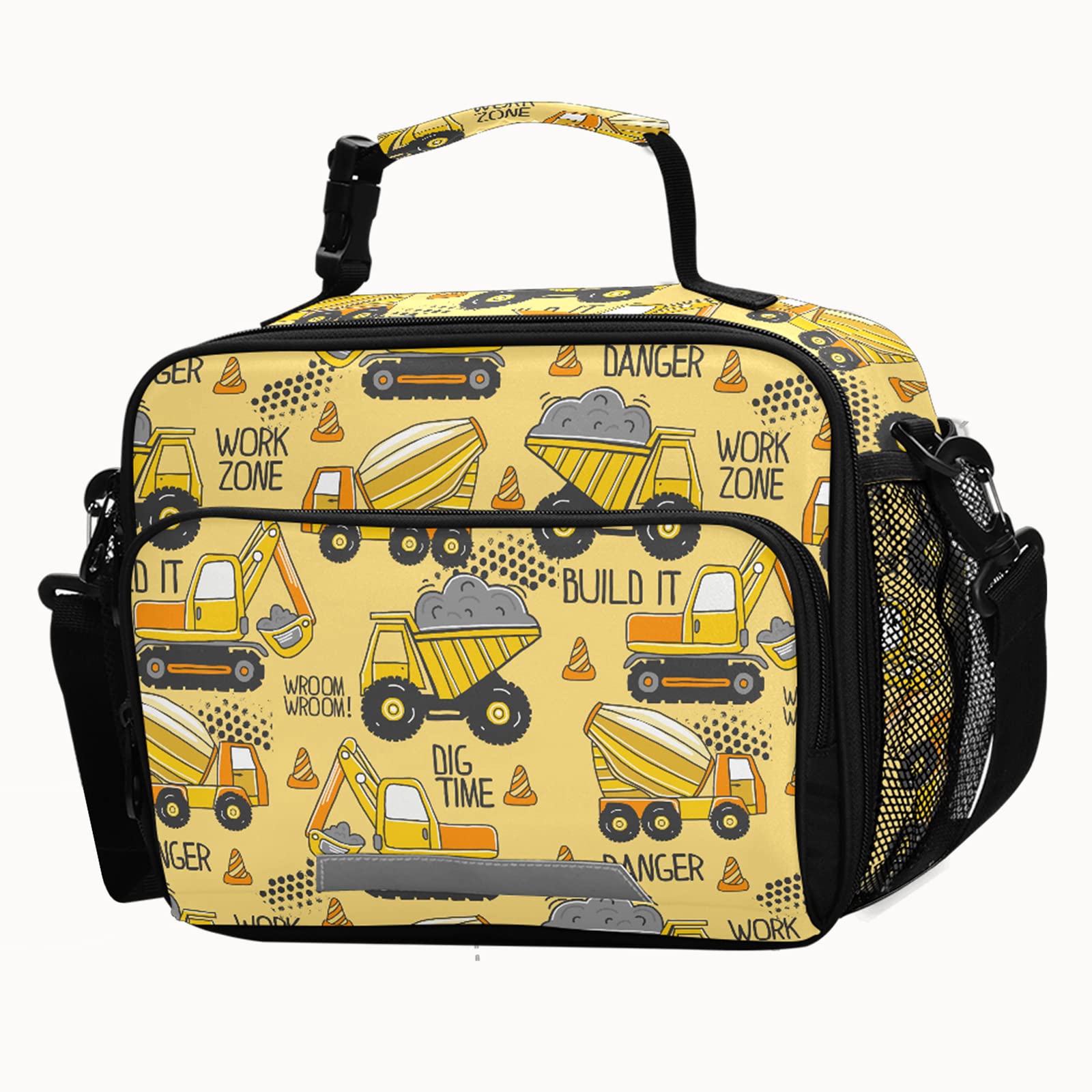 BOENLE Truck Lunch Box Boys Yellow Excavator Insulated Lunch Bag Kids Reusable Cooler Tote Shoulder Strap for School Picnic Travel Office