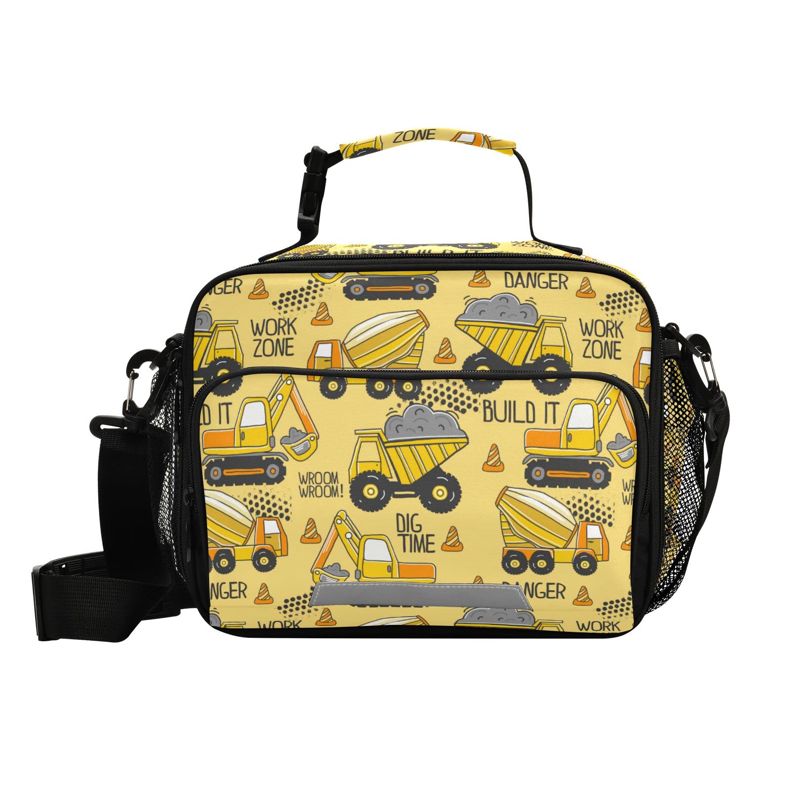 BOENLE Truck Lunch Box Boys Yellow Excavator Insulated Lunch Bag Kids Reusable Cooler Tote Shoulder Strap for School Picnic Travel Office