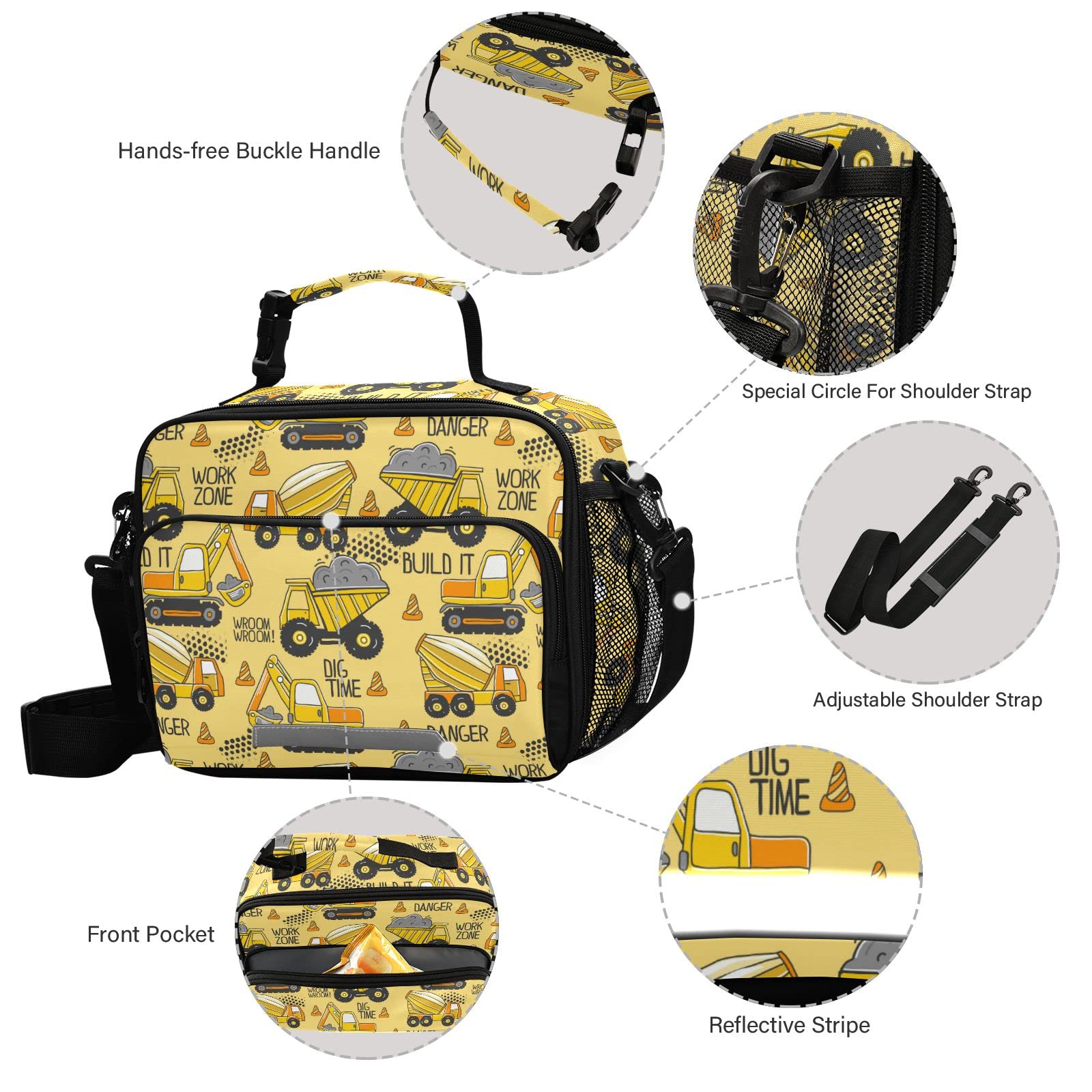 BOENLE Truck Lunch Box Boys Yellow Excavator Insulated Lunch Bag Kids Reusable Cooler Tote Shoulder Strap for School Picnic Travel Office