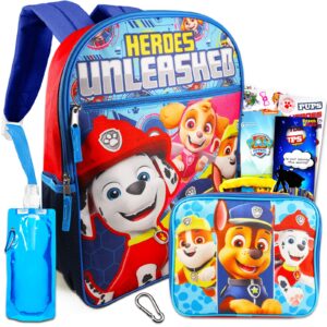 paw patrol backpack and lunch bag for kids - 6 pc bundle with 16" paw patrol school backpack, insulated lunch bag, water bottle, stickers, backpack clip, and more (paw patrol school supplies)