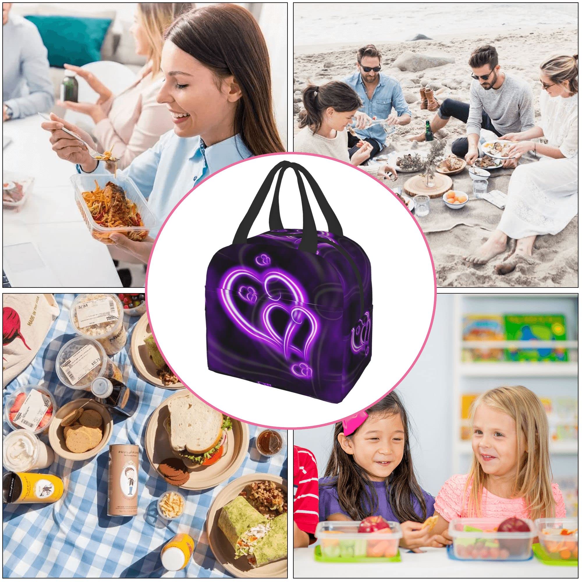 PATNPRT Purple Heart Lunch Bag Insulated Lunch Box with Front Pocket Reusable Tote Bag For Office Work Picnic Travel Shopping