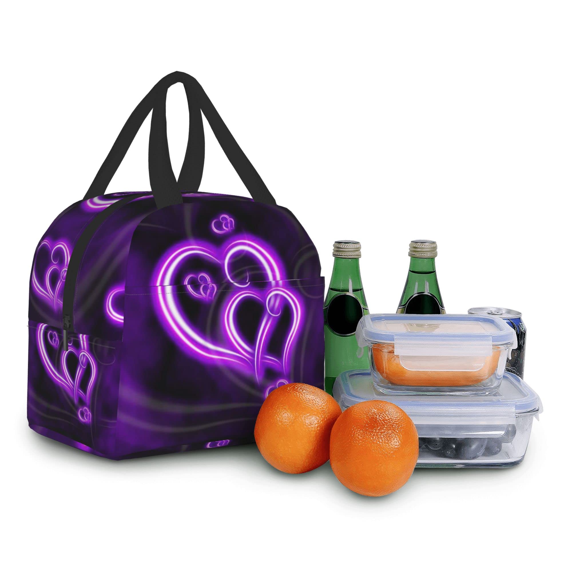 PATNPRT Purple Heart Lunch Bag Insulated Lunch Box with Front Pocket Reusable Tote Bag For Office Work Picnic Travel Shopping