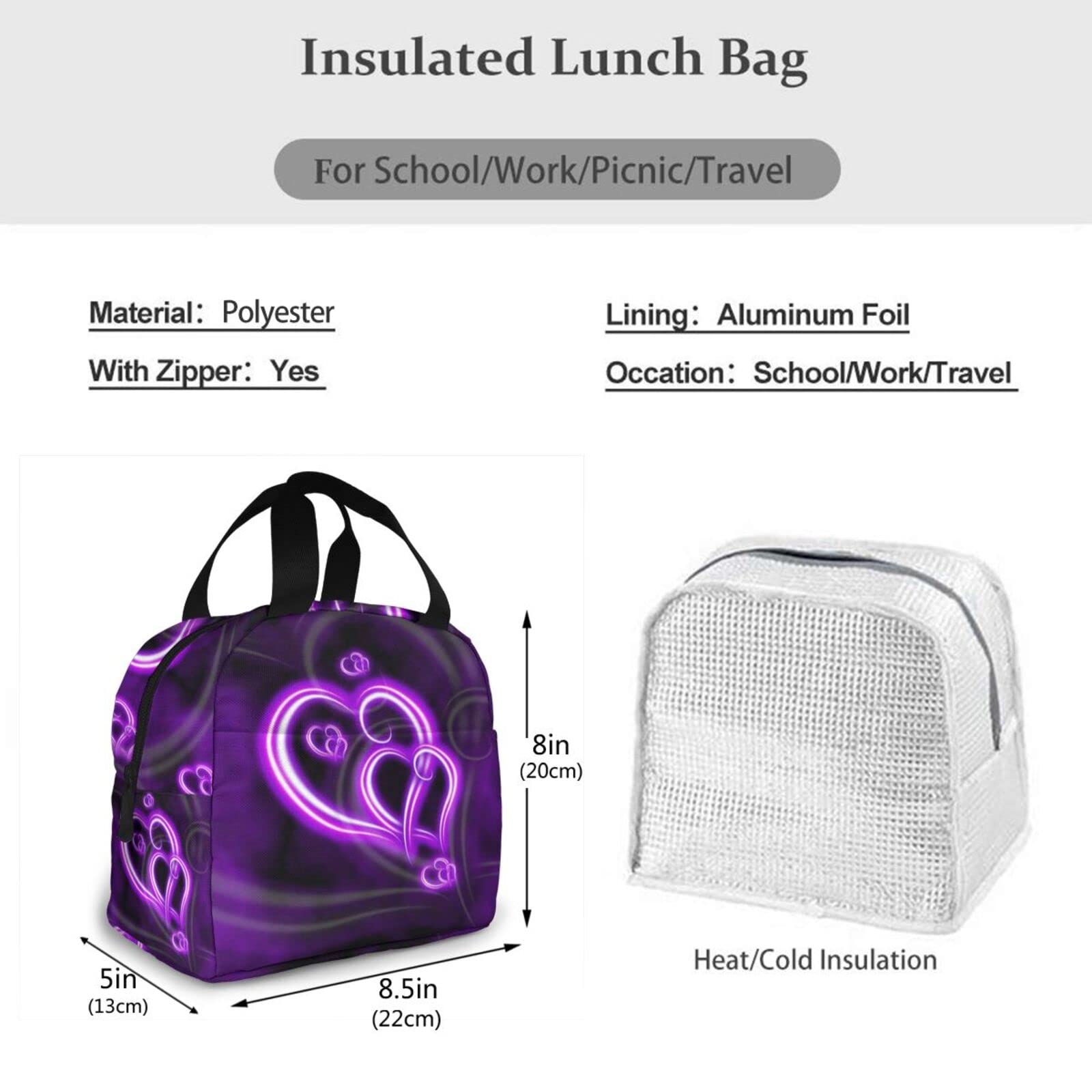 PATNPRT Purple Heart Lunch Bag Insulated Lunch Box with Front Pocket Reusable Tote Bag For Office Work Picnic Travel Shopping