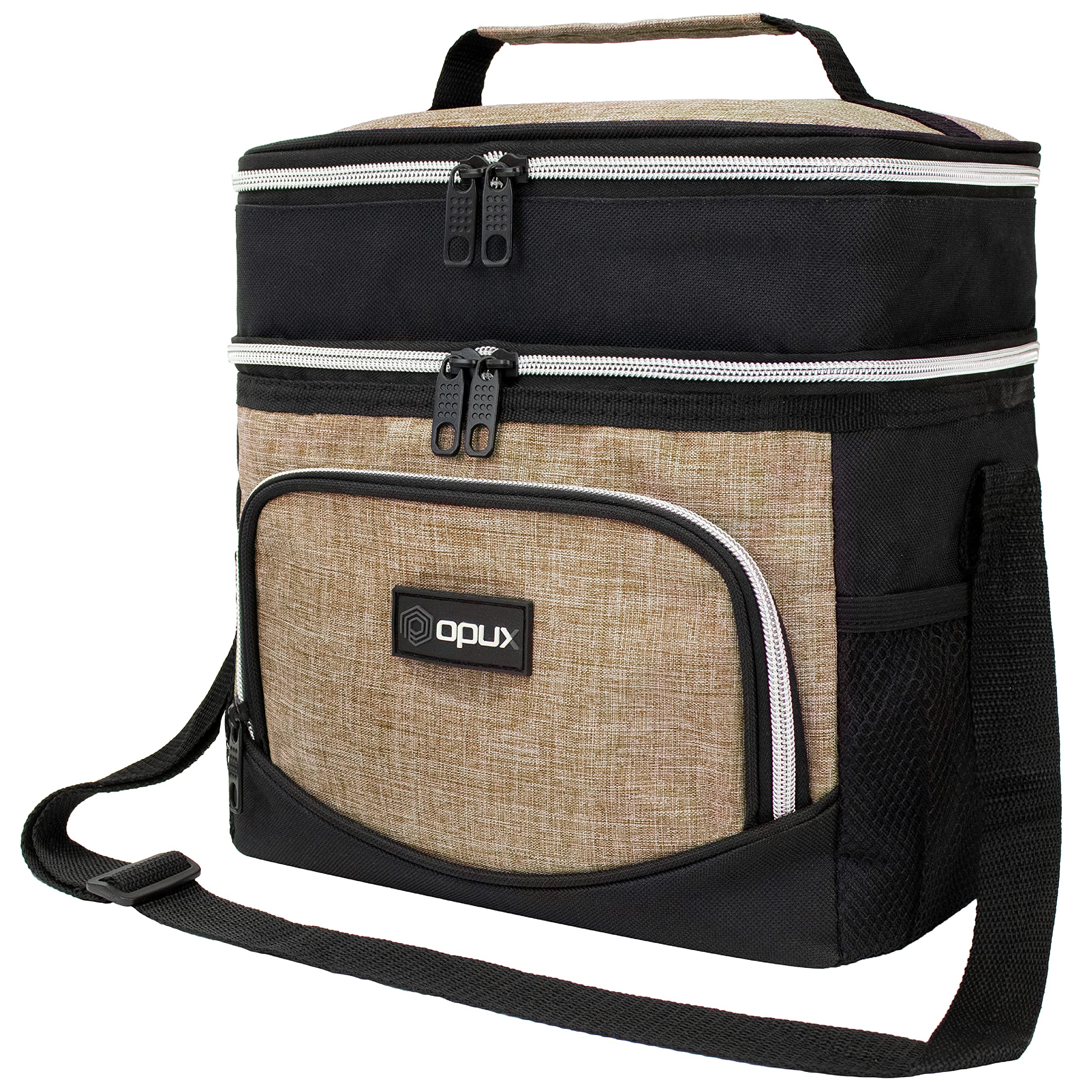 opux Insulated Dual Compartment Lunch Box Men Women | Leakproof Double Deck Lunch Bag Work Office | Soft Cooler Tote Strap Adult | Reusable Thermal Lunch Pail 12 Cans, Brown Tan Taupe Beige