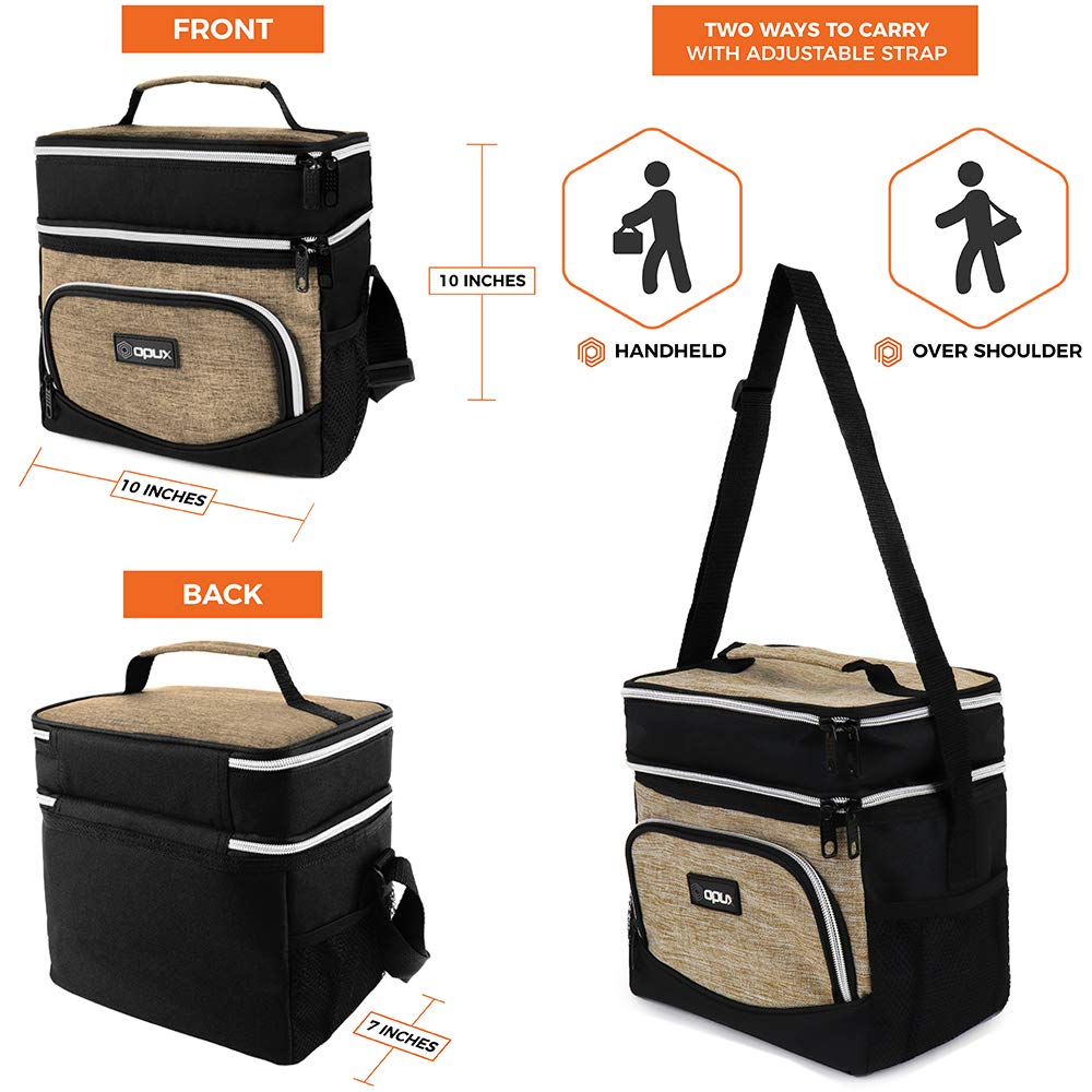 opux Insulated Dual Compartment Lunch Box Men Women | Leakproof Double Deck Lunch Bag Work Office | Soft Cooler Tote Strap Adult | Reusable Thermal Lunch Pail 12 Cans, Brown Tan Taupe Beige