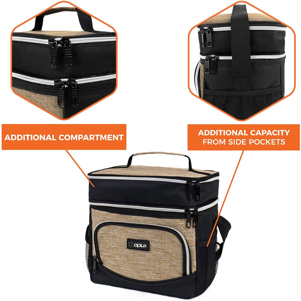 opux Insulated Dual Compartment Lunch Box Men Women | Leakproof Double Deck Lunch Bag Work Office | Soft Cooler Tote Strap Adult | Reusable Thermal Lunch Pail 12 Cans, Brown Tan Taupe Beige