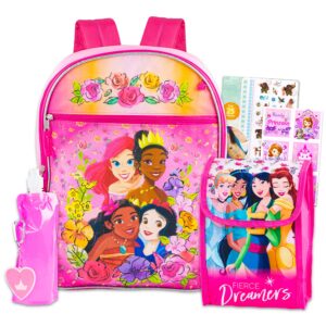 disney princess backpack and lunch box set for girls kids ~ deluxe 16" princess backpack with lunch bag, water pouch, moana tattoos, sofia stickers (disney princess school supplies)