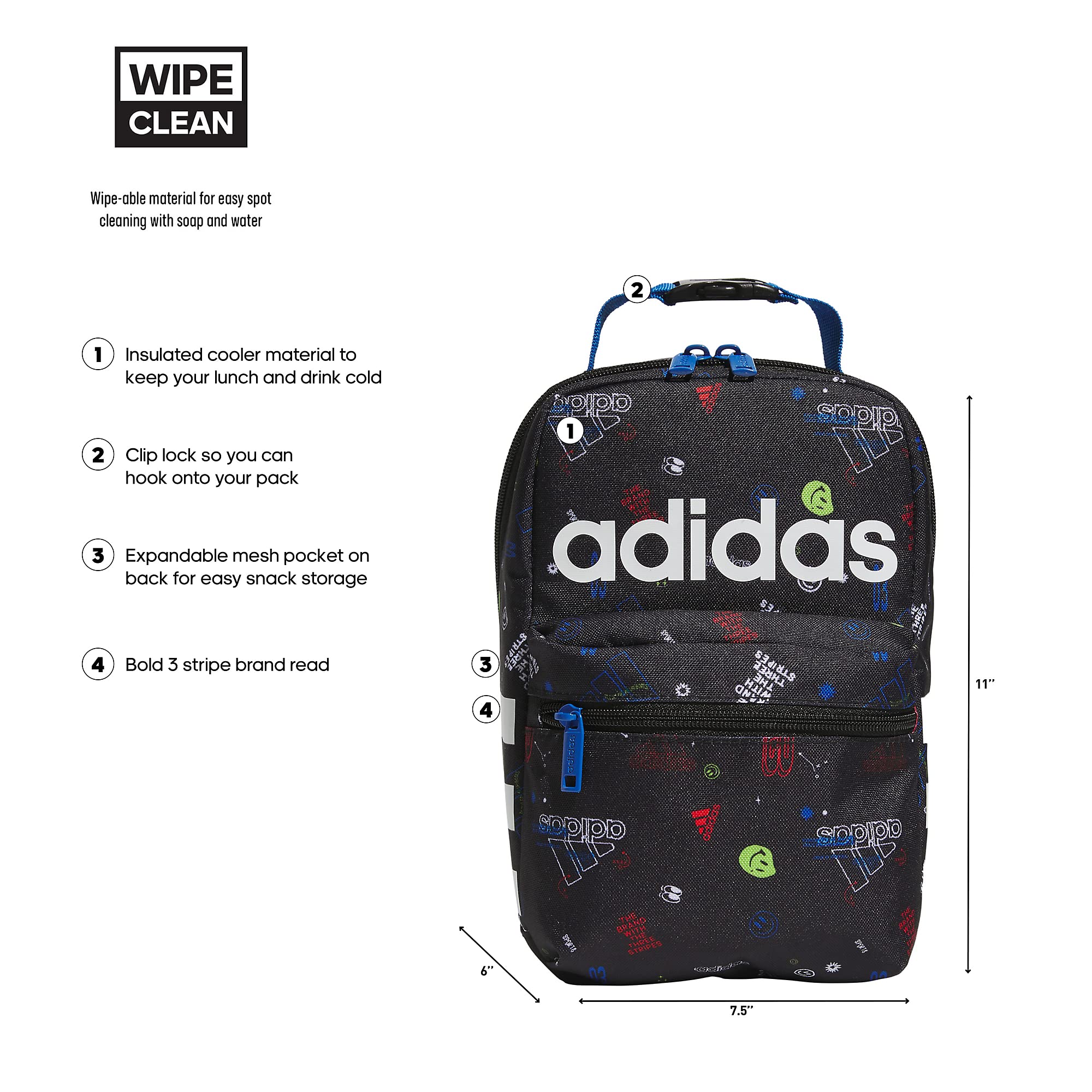 adidas Santiago 2 Insulated Lunch Bag, Icon Brand Love Black/Bright Royal Blue, One Size