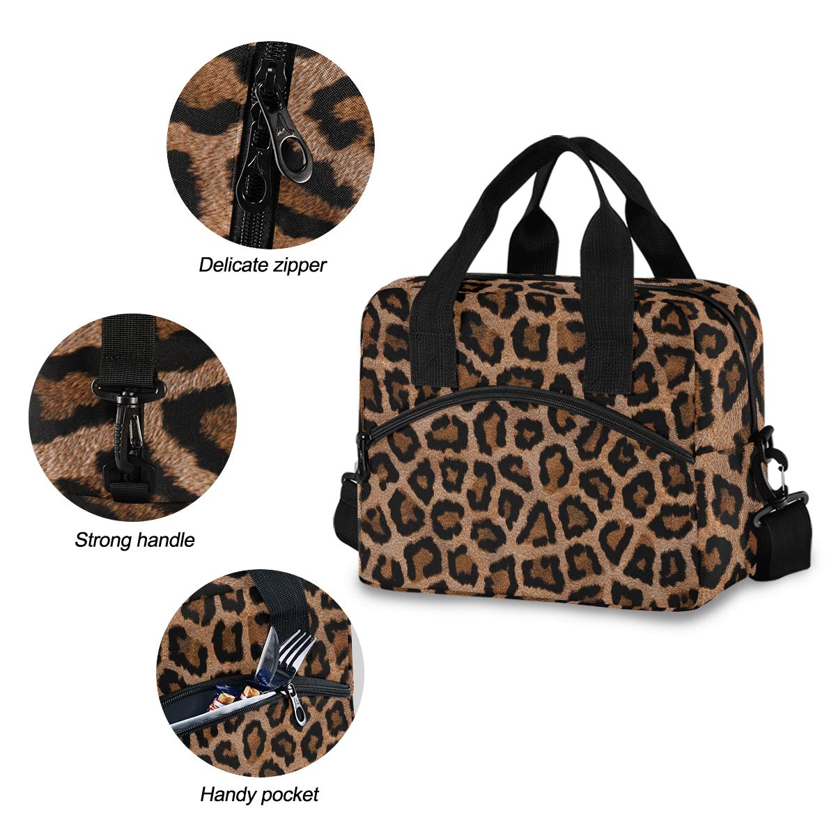 Lunch Bag Insulated Shoulder Lunchbox Handbag Tote Bags Reusable Cooler Containers Organizer School Outdoor for Women Men Girls Boys Kids Leopard