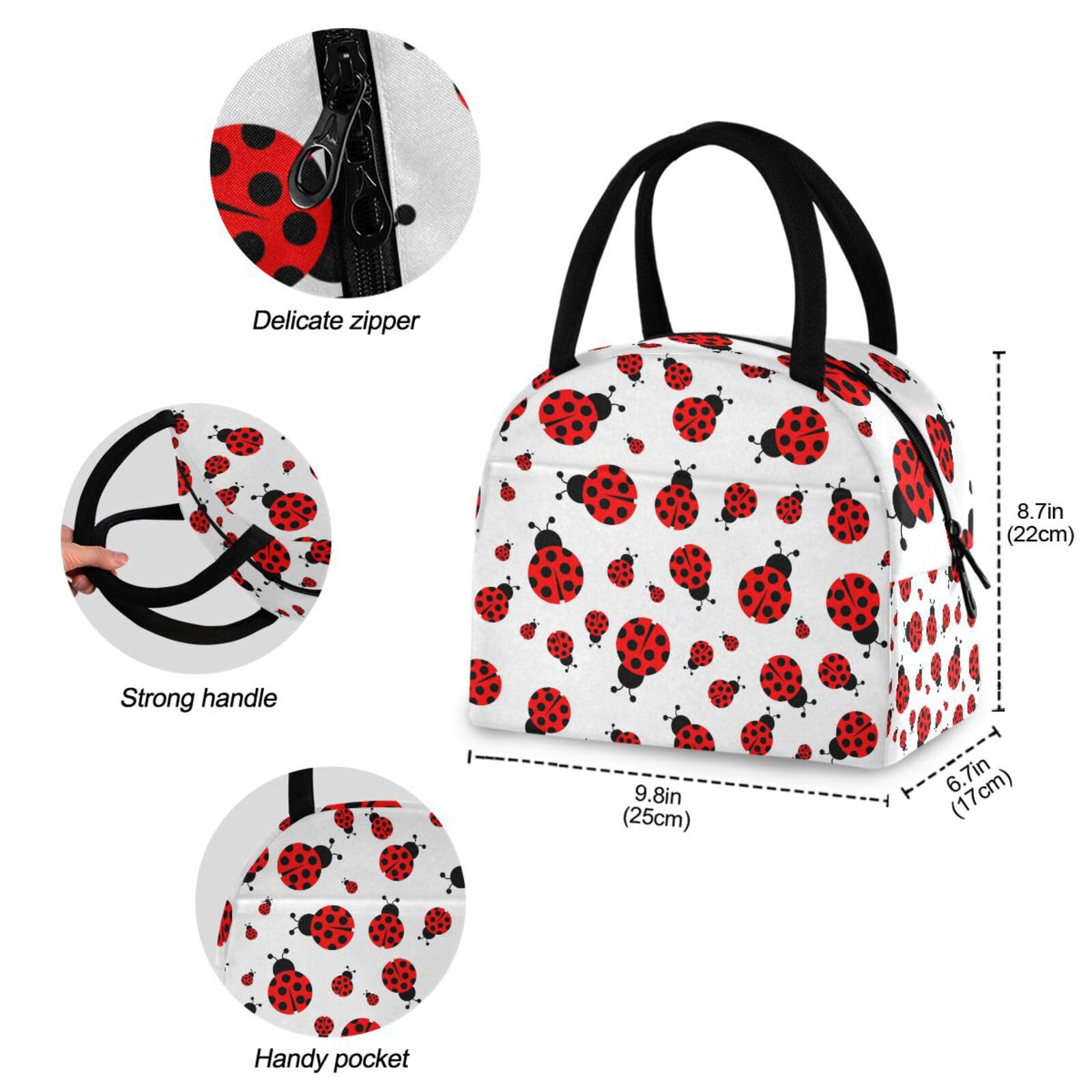 Lunch Bag Insulated Lunchbox Handbag Tote Bags Cute Red Ladybug Reusable Cooler Containers Organizer School Outdoor for Women Men Girls Boys Kids