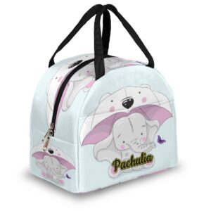 personalized text lunch bag - customize name school portable durable hand carrying insulated lunch bag cute elephant cartoon