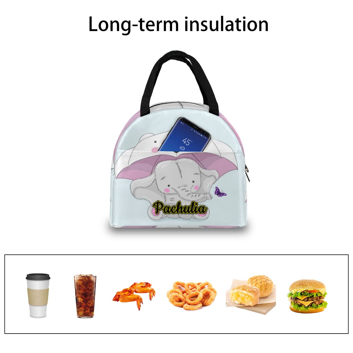 Personalized Text Lunch Bag - Customize Name School Portable Durable Hand Carrying Insulated Lunch Bag Cute Elephant Cartoon