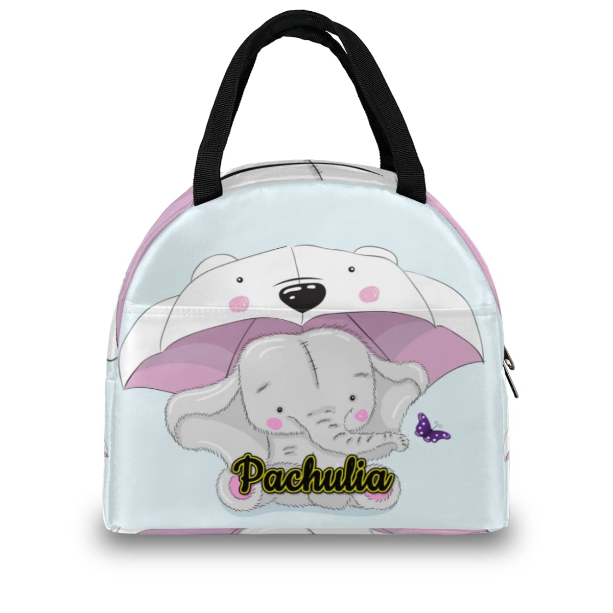 Personalized Text Lunch Bag - Customize Name School Portable Durable Hand Carrying Insulated Lunch Bag Cute Elephant Cartoon