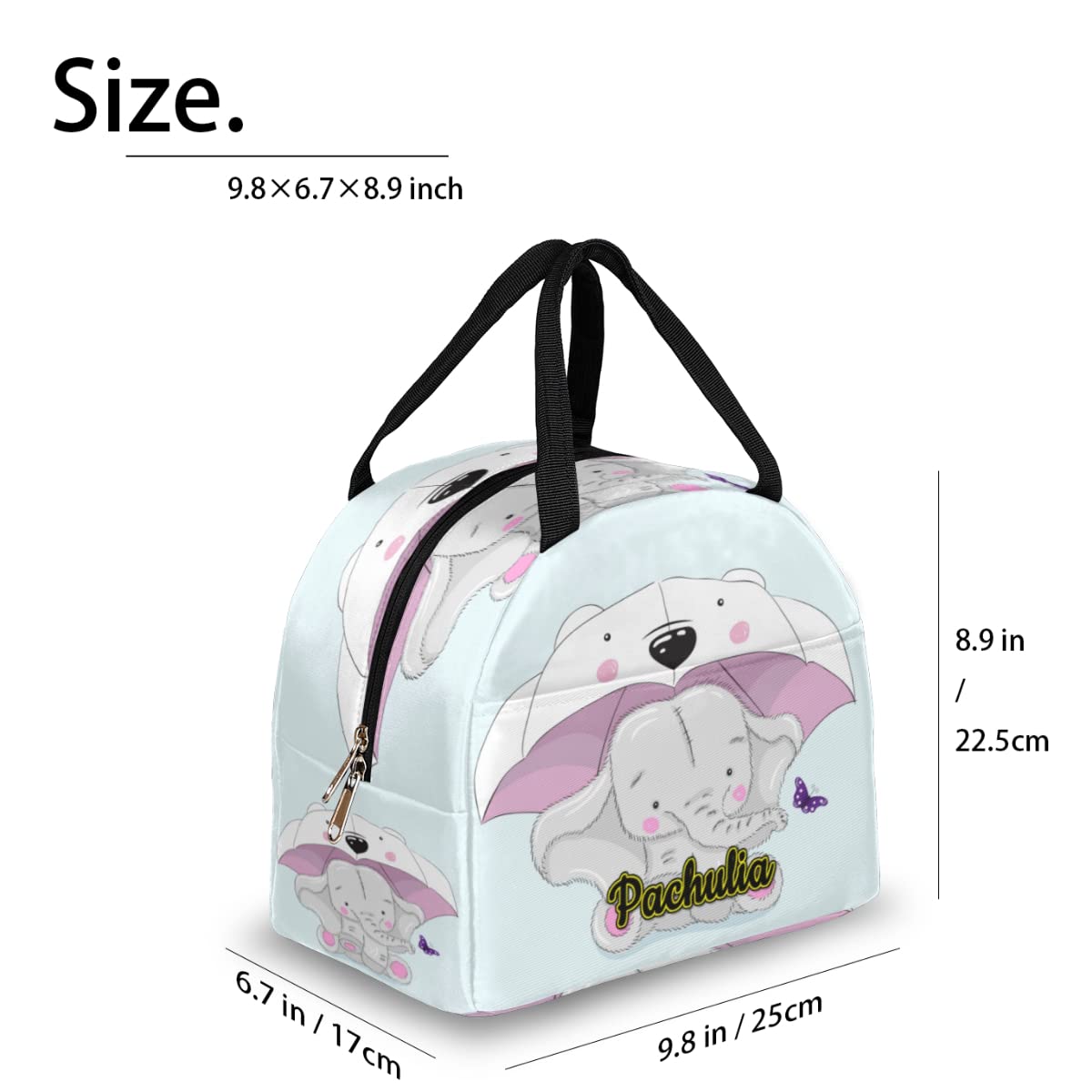 Personalized Text Lunch Bag - Customize Name School Portable Durable Hand Carrying Insulated Lunch Bag Cute Elephant Cartoon