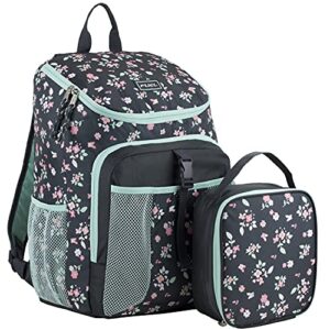 fuel top loader backpack with lunch box combo – 18” two compartment water resistant durable adjustable straps with side water bottle pockets 2 in 1 set – sweet flowers