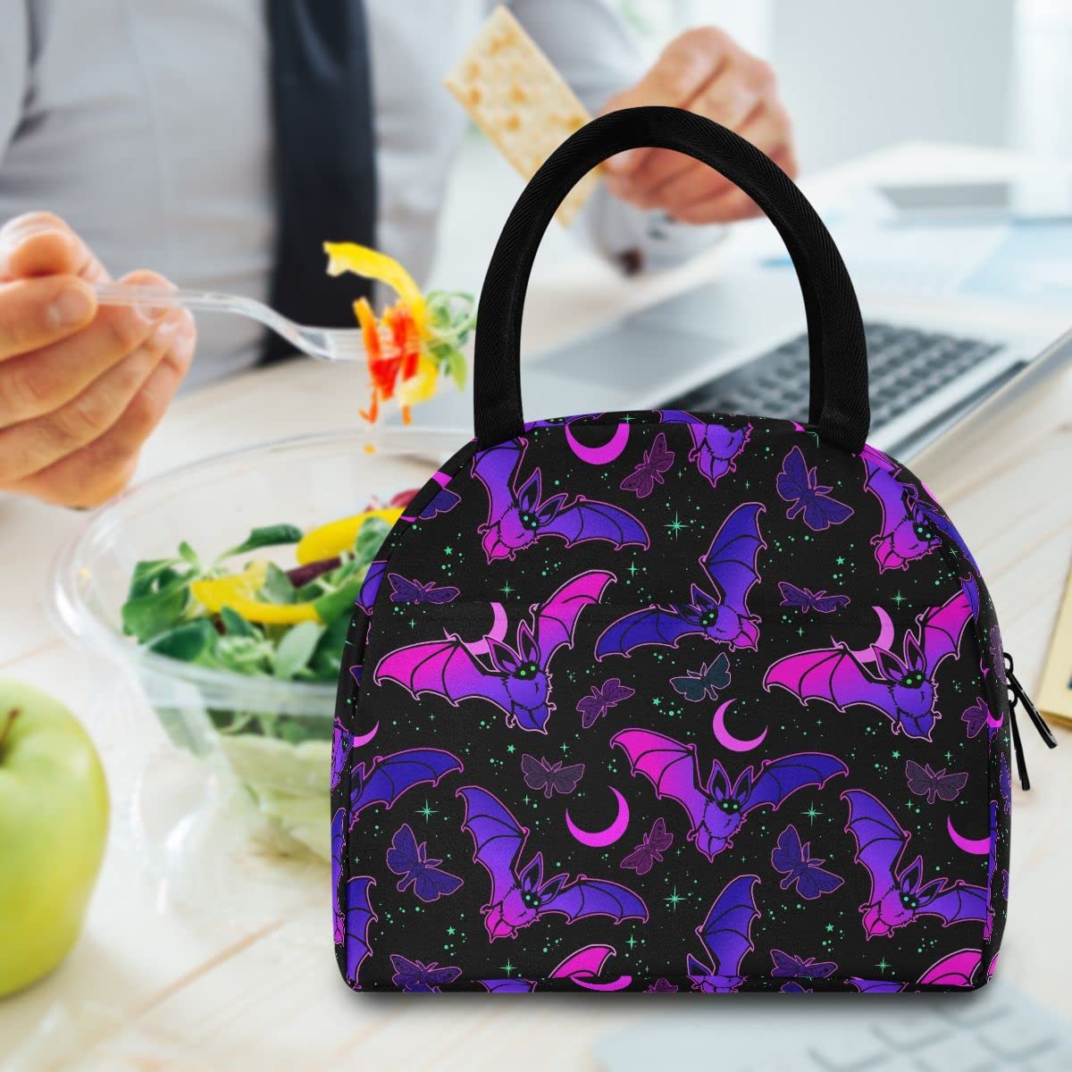 MNSRUU Lunch Bag Women Men, Purple Bat Gothic Portable Insulated Lunch Bag Reusable Thermal Meal Tote Cooler Bag Organizer for Adult Work with Handle