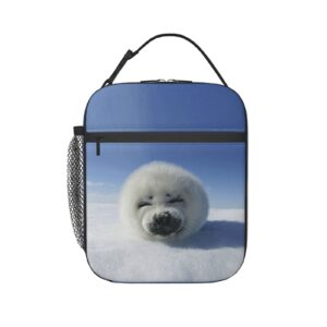 hionhsw smiling harp seal insulated lunch box removable buckle handle strap bag lunch container for women, men, kid