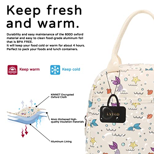 Lunch Bag Kids Girls Women Mermaid Lunchbag Cute Insulated Teens Cooler Tote Bag Reusable Adult Thermal Lunch Box for School Work Travel Picnic Hiking Beach (Beige)