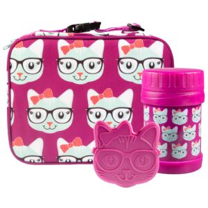 bentology kids lunch bag set (kitty) w reusable hard ice pack and double-insulated food jar - perfect lunchbox kits for girls back to school