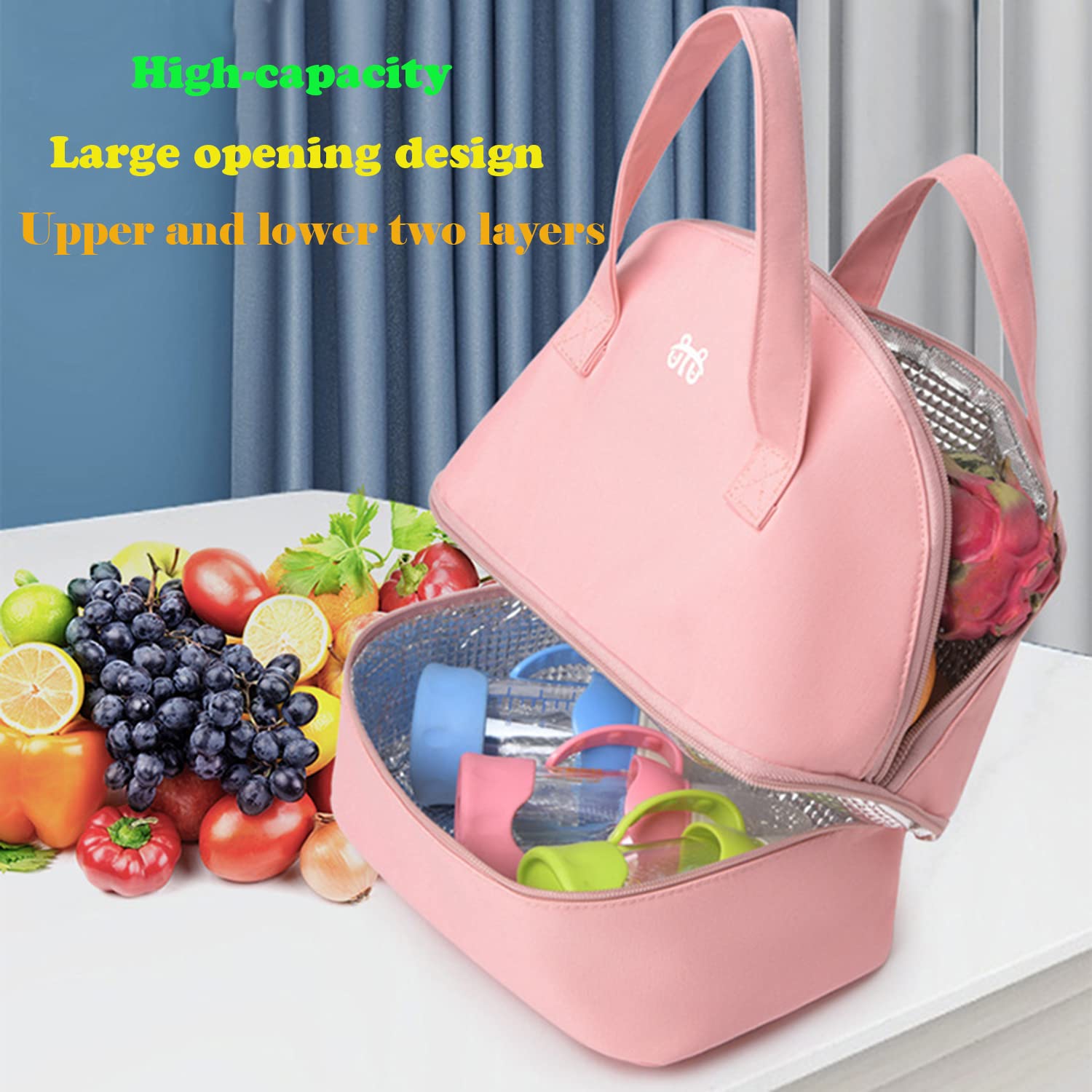 Lovyan Insulated Lunch Bag Double Deck Simple Bento Cooler Bag Water-resistant Lunch Tote Bag for Lunch Box for Women Men Adult Picnic Working Hiking Beach (Pink)