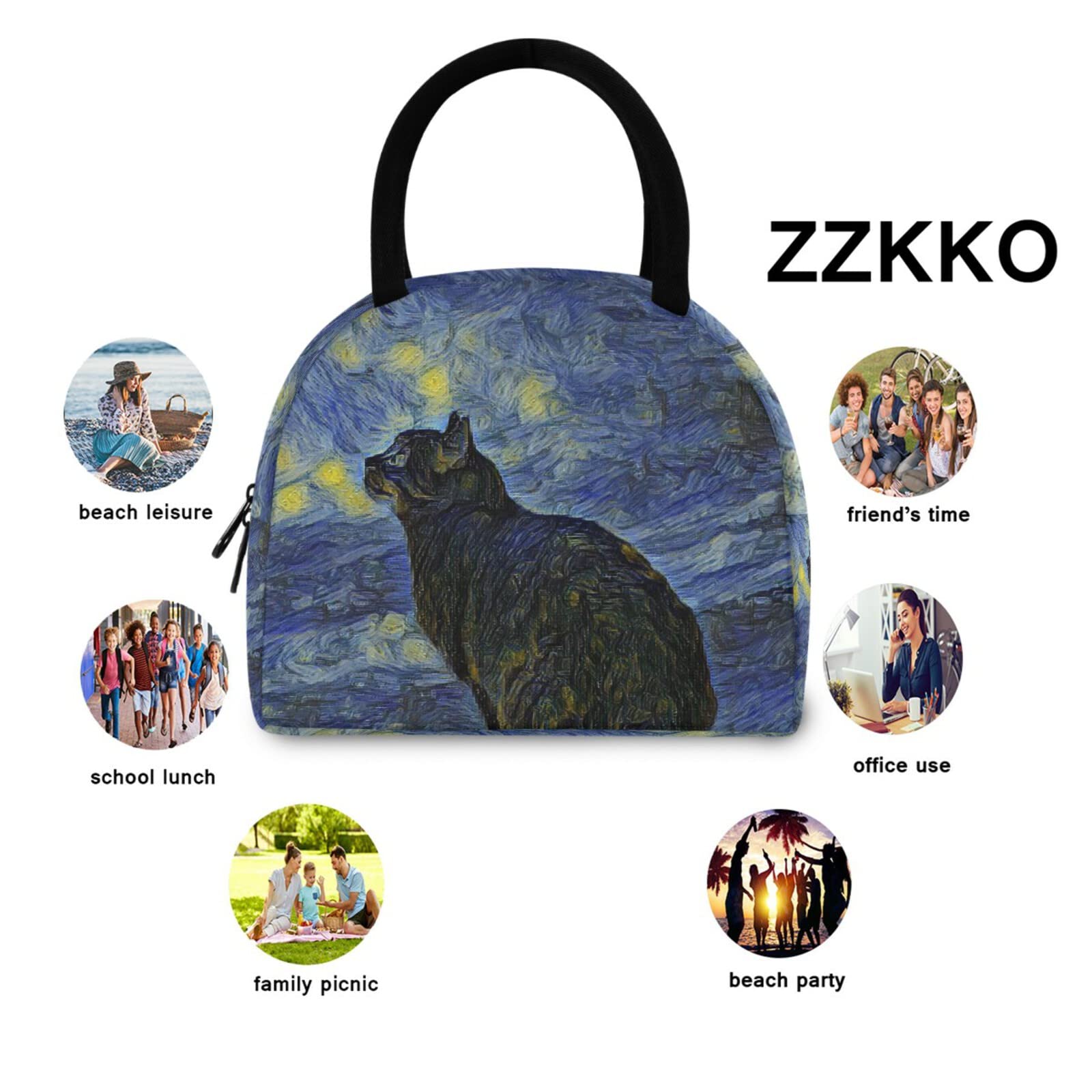 ZZKKO Galaxy Animal Cat Lunch Bag Box Organizer Lunch Container Insulated Zipper Meal Prep Cooler Handbag For Women Men Home School Office Outdoor Use