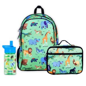 wildkin lunch box bag and 15 inch backpack bundle with 16 ounce reusable water bottle (wild animals)