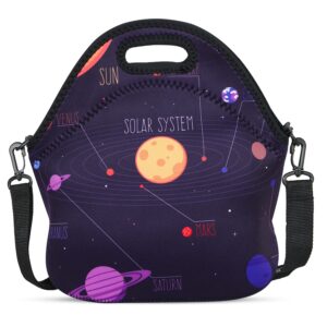 violet mist neoprene lunch bag reusable insulated box with adjustable shoulder strap for women and men, space theme, 11.4"l x 10.43"h x 5.51"w