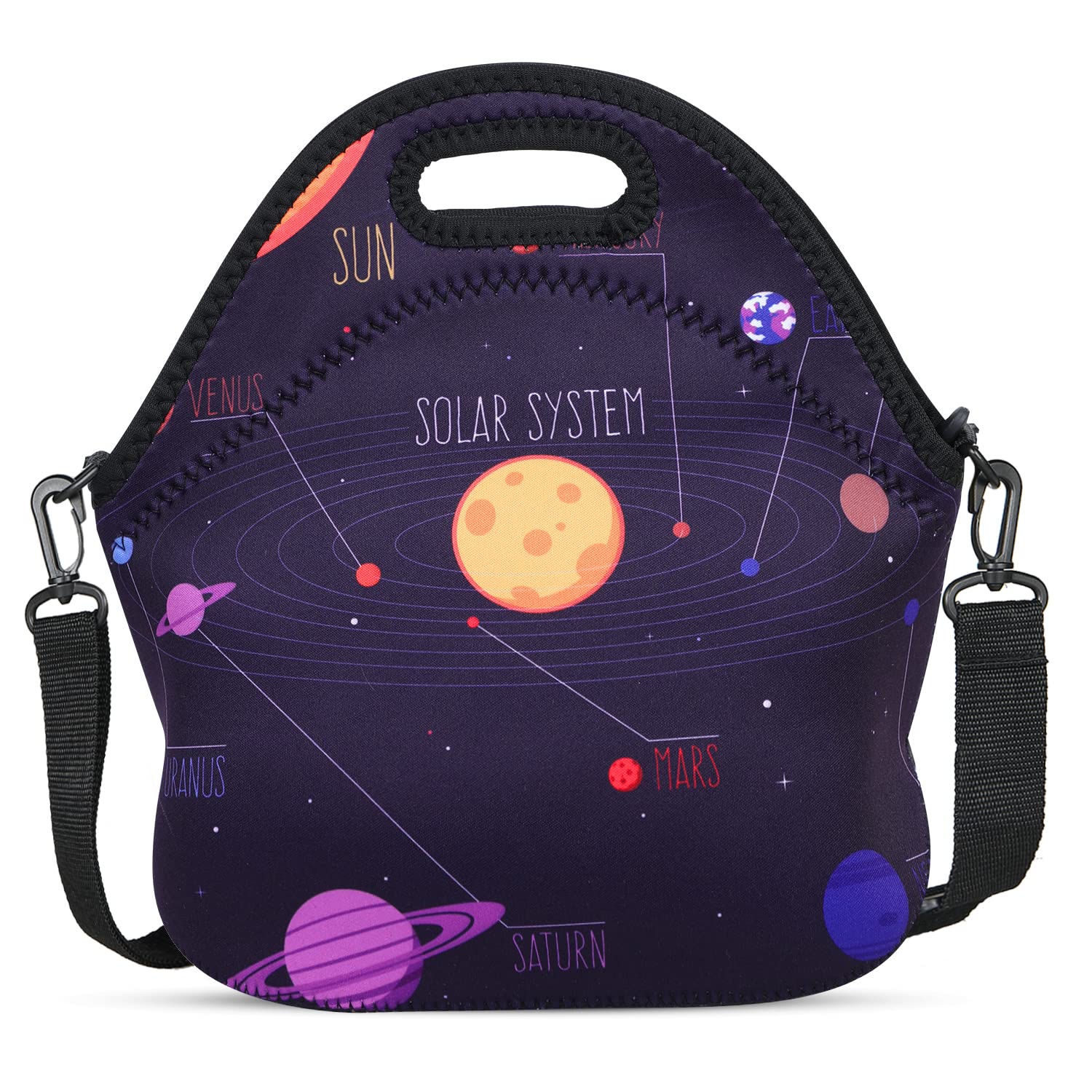 Violet Mist Neoprene Lunch Bag Reusable Insulated Box with Adjustable Shoulder Strap for Women and Men, Space Theme, 11.4"L x 10.43"H x 5.51"W