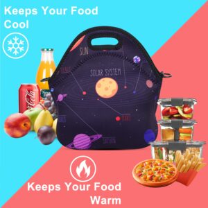 Violet Mist Neoprene Lunch Bag Reusable Insulated Box with Adjustable Shoulder Strap for Women and Men, Space Theme, 11.4"L x 10.43"H x 5.51"W