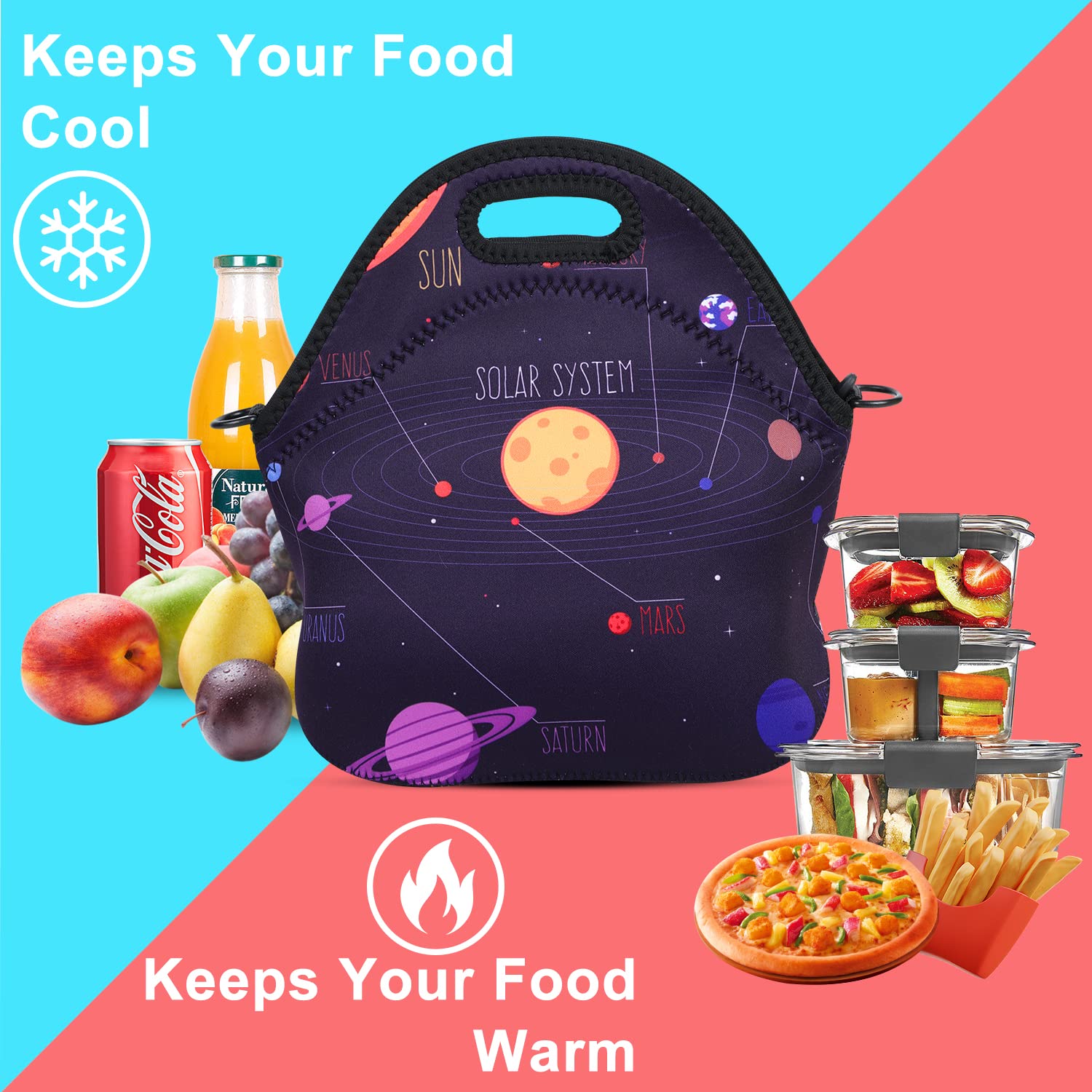 Violet Mist Neoprene Lunch Bag Reusable Insulated Box with Adjustable Shoulder Strap for Women and Men, Space Theme, 11.4"L x 10.43"H x 5.51"W