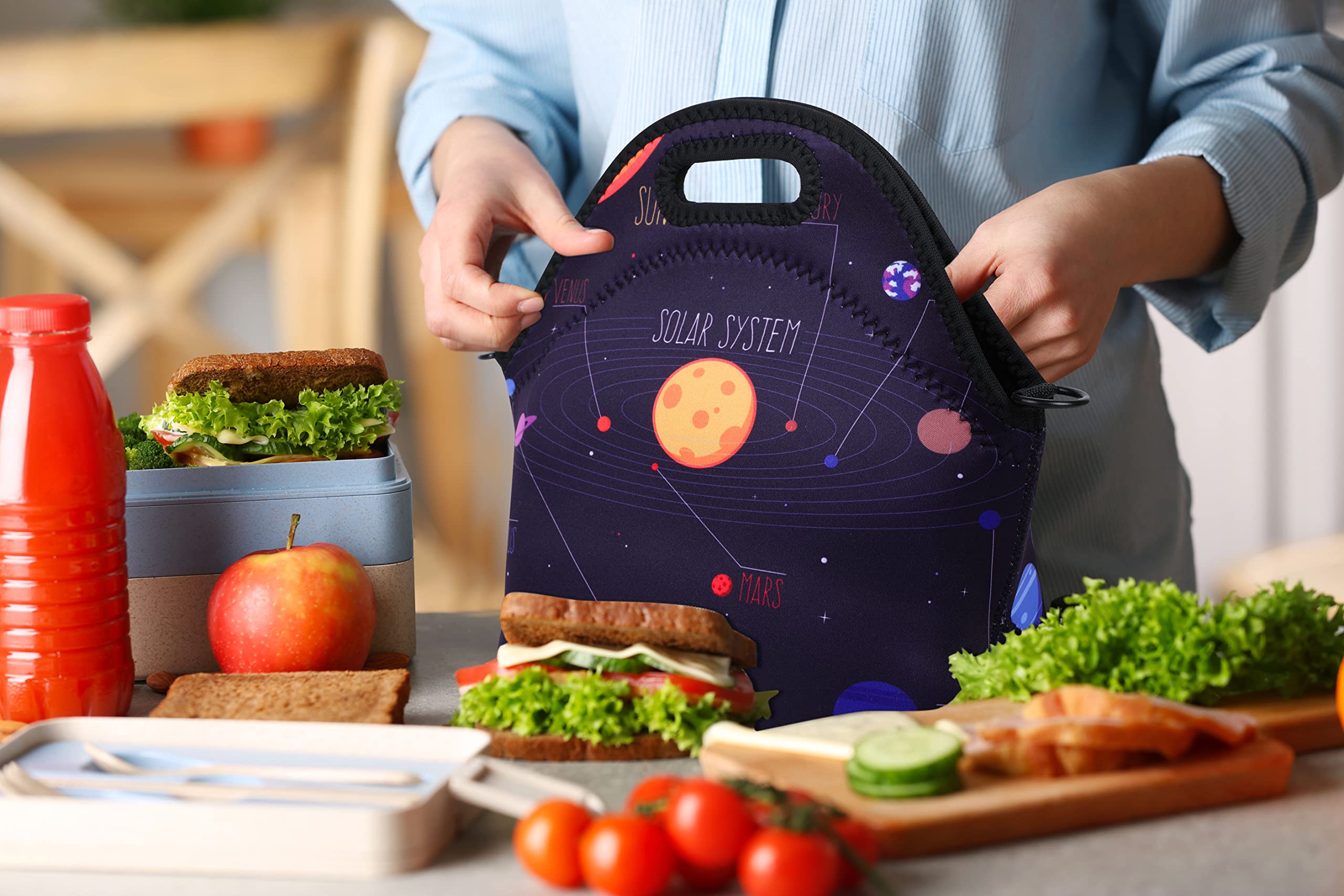 Violet Mist Neoprene Lunch Bag Reusable Insulated Box with Adjustable Shoulder Strap for Women and Men, Space Theme, 11.4"L x 10.43"H x 5.51"W