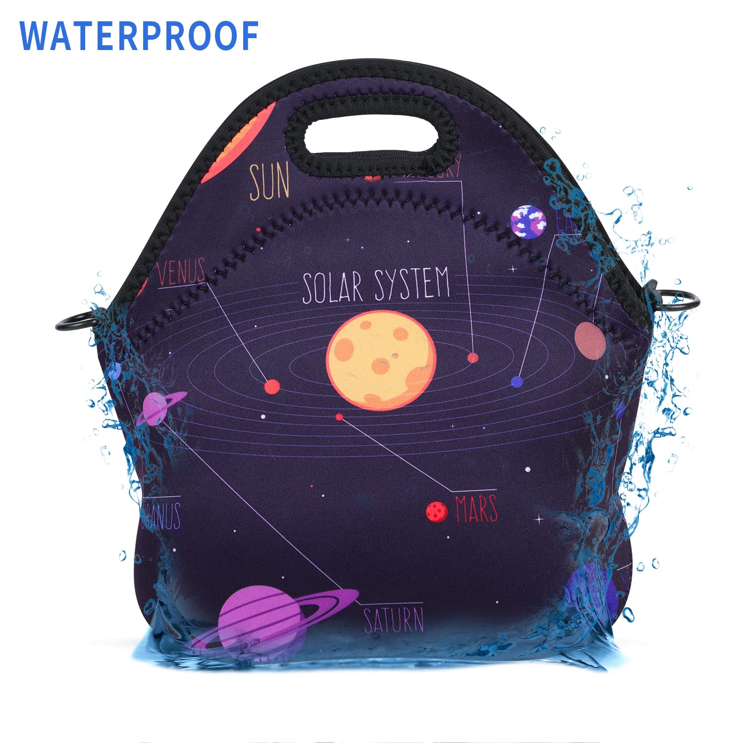 Violet Mist Neoprene Lunch Bag Reusable Insulated Box with Adjustable Shoulder Strap for Women and Men, Space Theme, 11.4"L x 10.43"H x 5.51"W