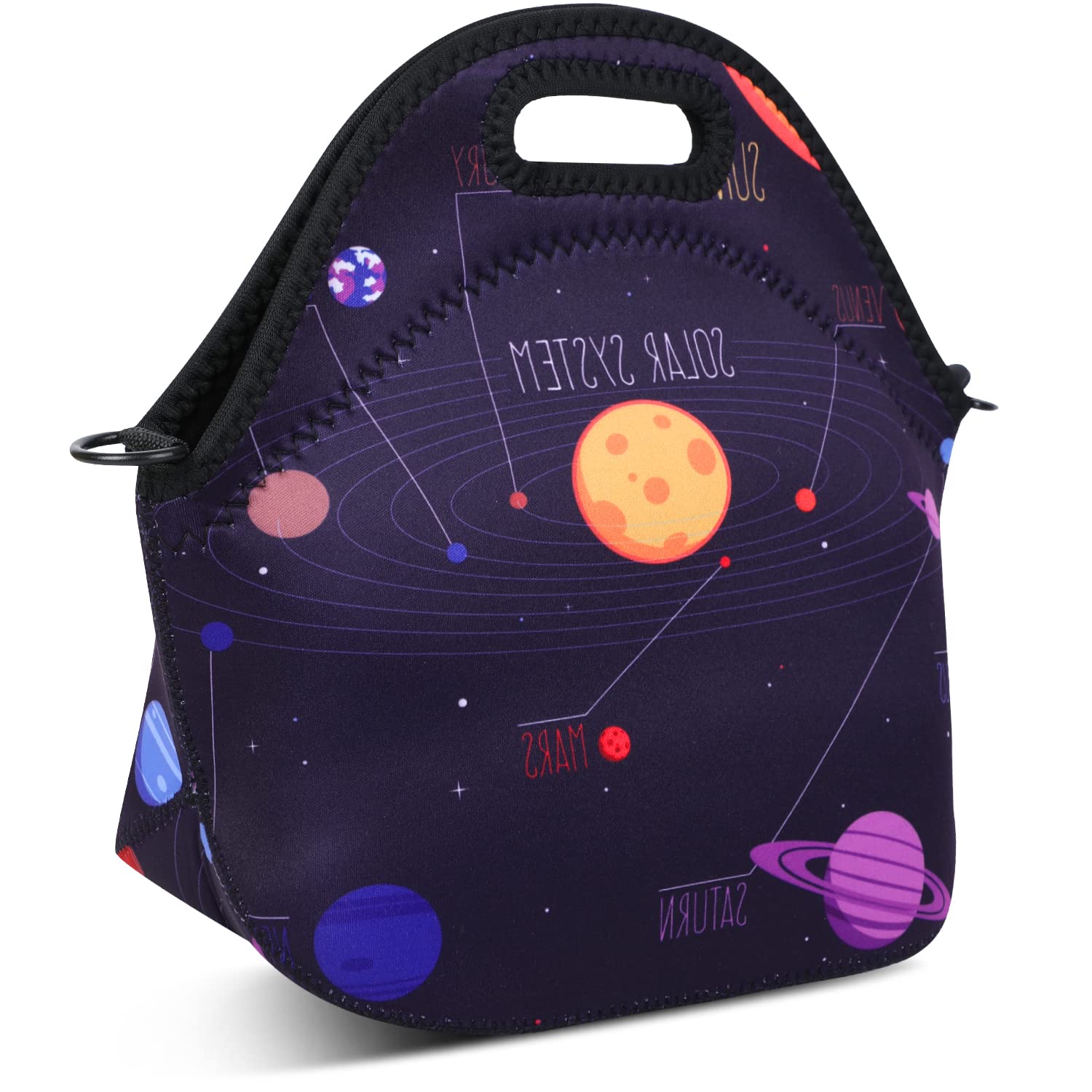 Violet Mist Neoprene Lunch Bag Reusable Insulated Box with Adjustable Shoulder Strap for Women and Men, Space Theme, 11.4"L x 10.43"H x 5.51"W