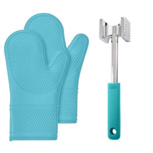gorilla grip silicone oven mitts set and meat tenderizer, both in turquoise color, oven mitts are heat resistant, meat tenderizer has smooth and textured side, 2 item bundle