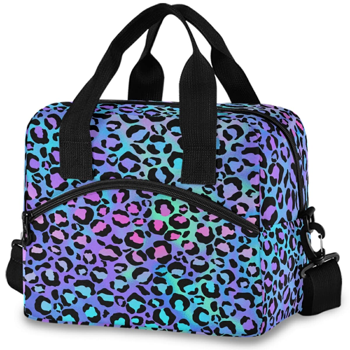 MNSRUU Insulated Lunch Bag Bright Neon Gradient Leopard Lunch Tote Reusable Cooler Bag Container with Adjustable Shoulder Strap