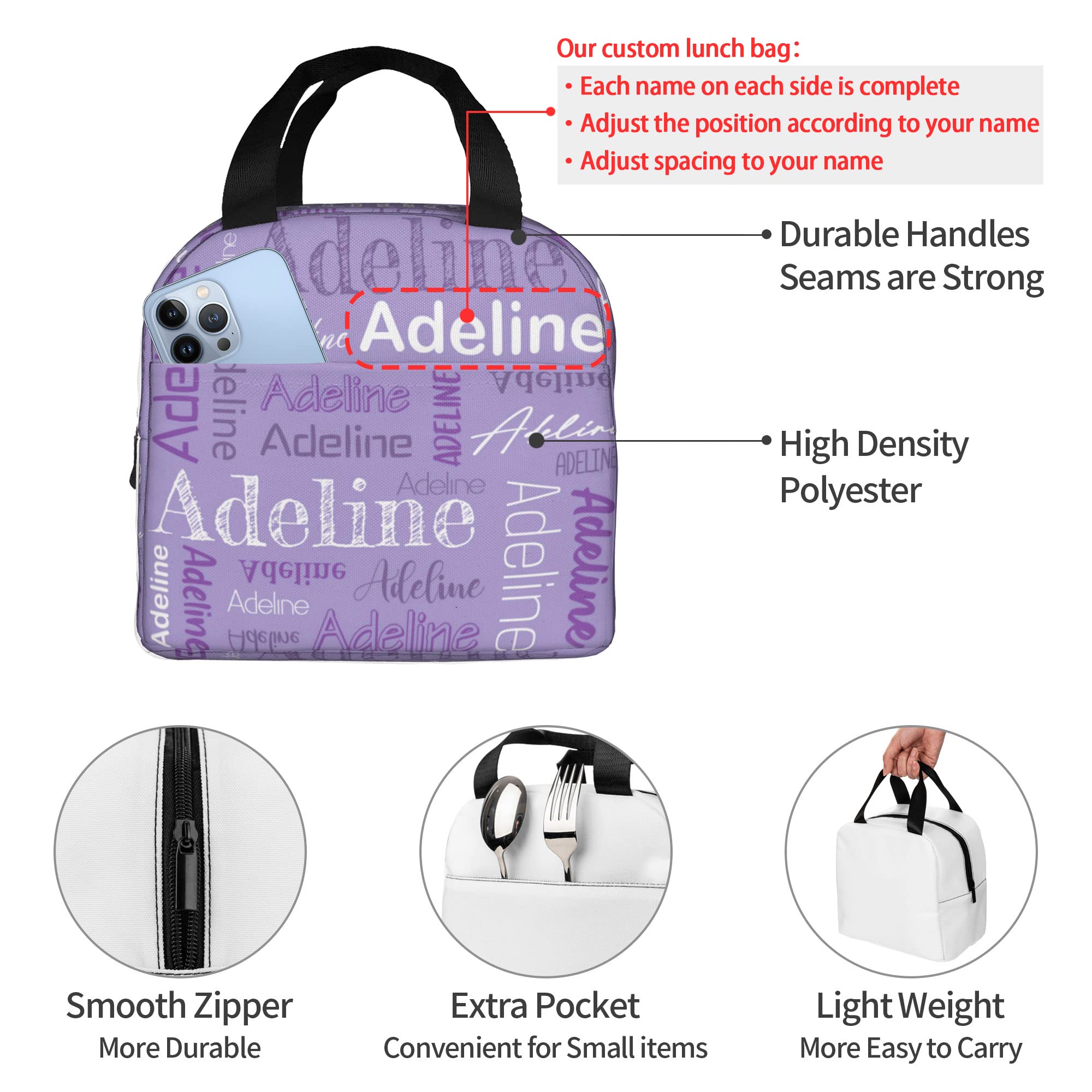 Custom Name Lunch Bag Personalized Insulated Lunch Box Customized Cooler Lunch Tote Bag for Boys Girls Office Picnic Camping LightPurple