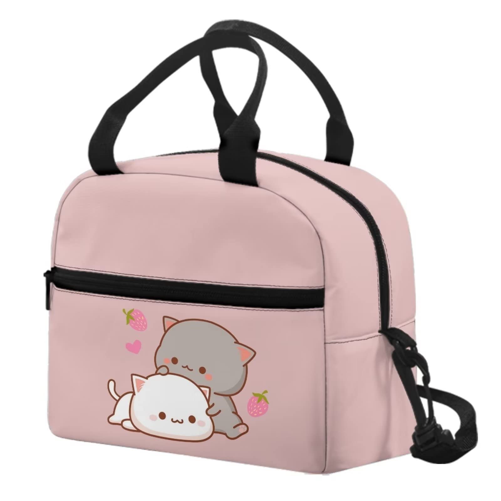 HELLHERO Kawaii Strawberry Cat Lunch Bag for Girls Kids 8-10 10-12 Insulated Lunch Box Portable Cooler Lunchbag Tote Handbag Meal Prep Organizer Work School Travel Picnic Hiking Camping