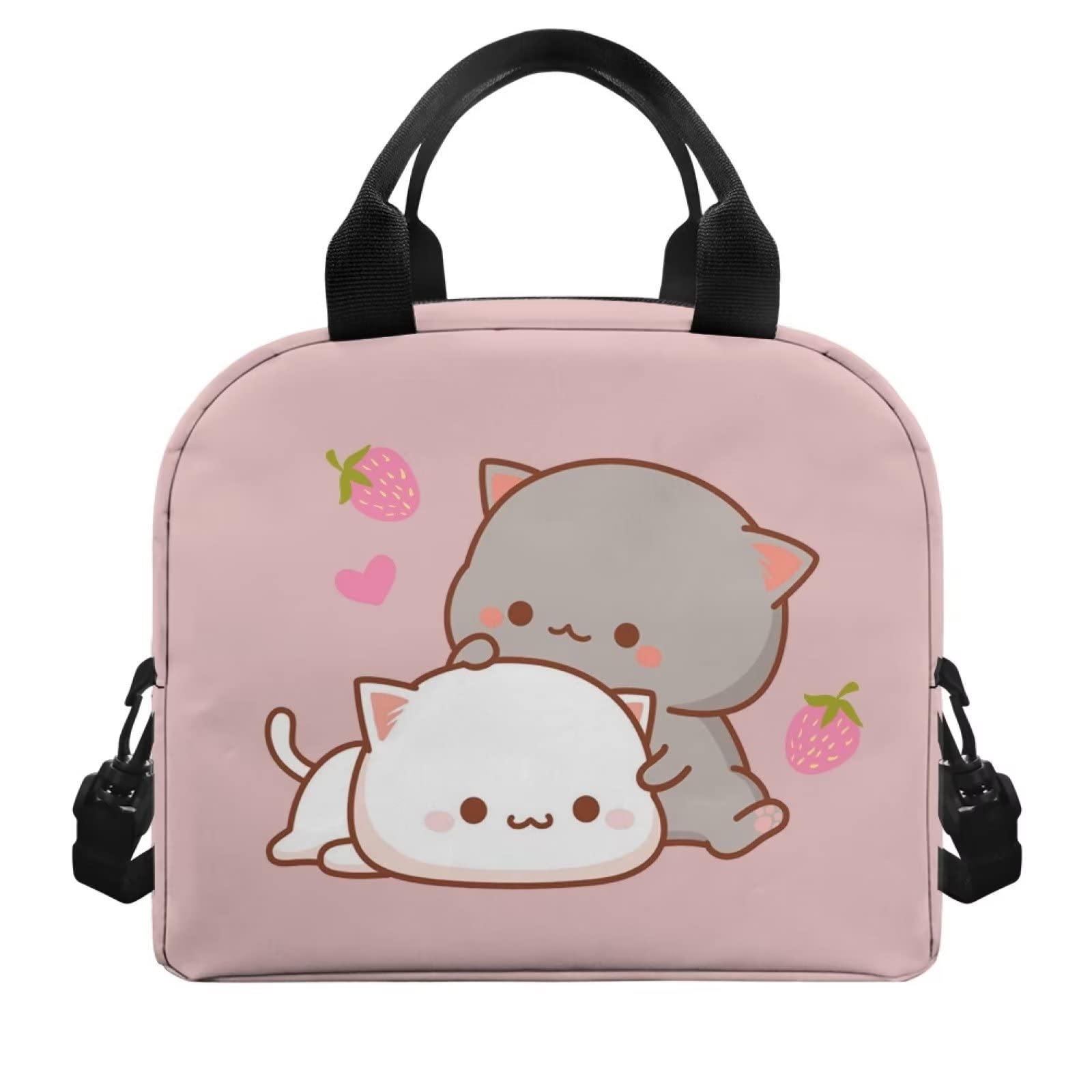 HELLHERO Kawaii Strawberry Cat Lunch Bag for Girls Kids 8-10 10-12 Insulated Lunch Box Portable Cooler Lunchbag Tote Handbag Meal Prep Organizer Work School Travel Picnic Hiking Camping