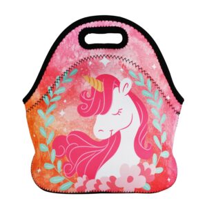 violet mist cute unicorn neoprene lunch bag pink reusable lunch box insulated lunch bags tote thermal waterproof lunch handbag with zipper picnic work gifts for women,men,adult,her,him
