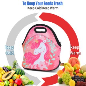 Violet Mist Cute Unicorn Neoprene Lunch Bag Pink Reusable Lunch Box Insulated Lunch Bags Tote Thermal Waterproof Lunch Handbag with Zipper Picnic Work Gifts for Women,Men,Adult,Her,Him