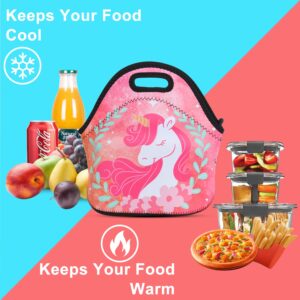 Violet Mist Cute Unicorn Neoprene Lunch Bag Pink Reusable Lunch Box Insulated Lunch Bags Tote Thermal Waterproof Lunch Handbag with Zipper Picnic Work Gifts for Women,Men,Adult,Her,Him