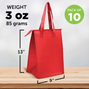 Zipper Insulated Lunch Tote Bags Set of 10, Bulk Pack - Perfect for Work, Travel, Outdoor Events - Red