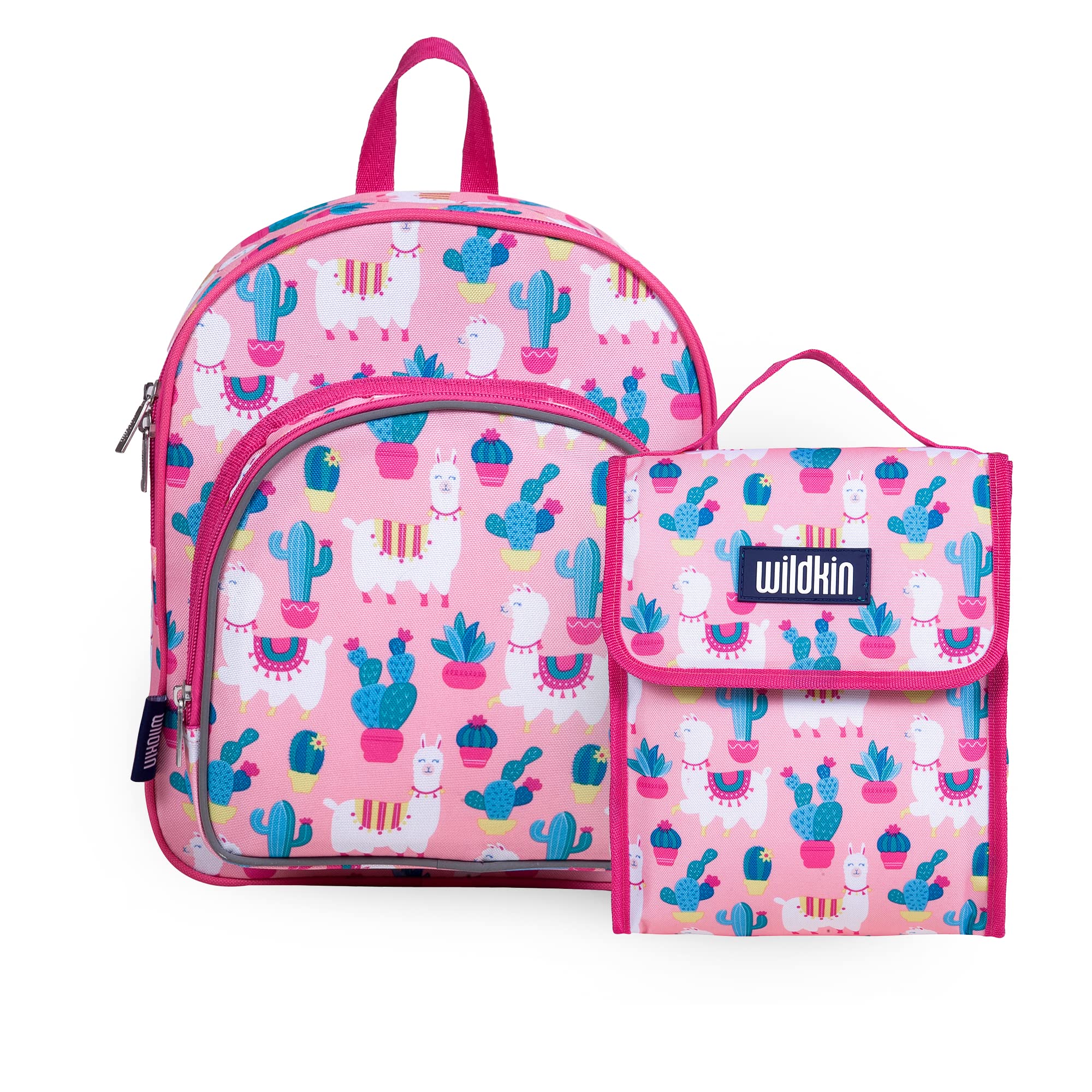 Wildkin 12 Inch Backpack Bundle with Insulated Lunch Bag (Llamas and Cactus Pink)