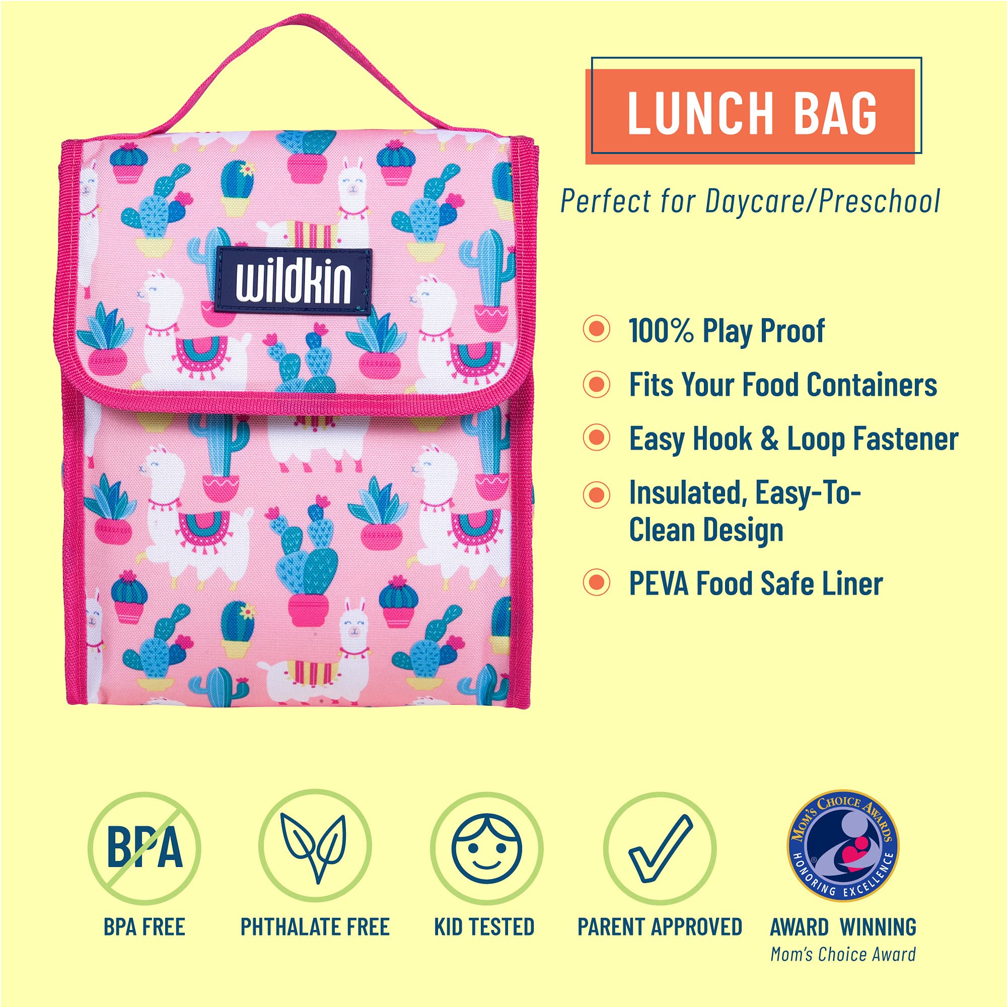 Wildkin 12 Inch Backpack Bundle with Insulated Lunch Bag (Llamas and Cactus Pink)