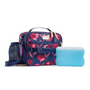 fit & fresh josie adult insulated lunch bag with side pouch & carry strap, complete lunch kit includes reusable xl ice pack, plum camo
