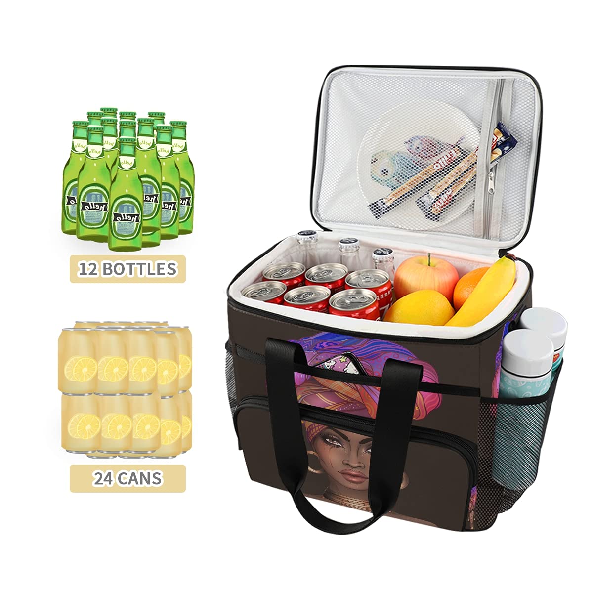 HMZXZ Large Cooler Lunch Bag African American Pretty Women 24-Can (15L) Insulated Lunch Box Soft Leakproof Cooler Cooling Tote Bag for Adult Men Women Camping, Picnic, BBQ