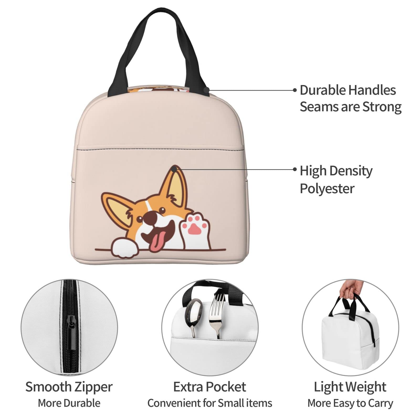 Lunch Bag Cute Welsh Corgi Dog Waving Paw Insulated Lunch Box Teen School Reusable Bags Meal Portable Container Tote For Boys Girls Travel Work Picnic Boxes