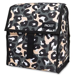 packit freezable lunch bag, wild leopard gray, built with ecofreeze technology, foldable, reusable, zip and velcro closure with buckle handle, perfect for lunches