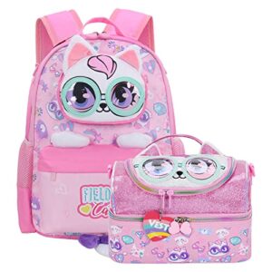 charming kids cat backpack with lunch box set - for preschool, kindergarten, elementary school girls (ages 3-8), medium size (15", 7.4l)